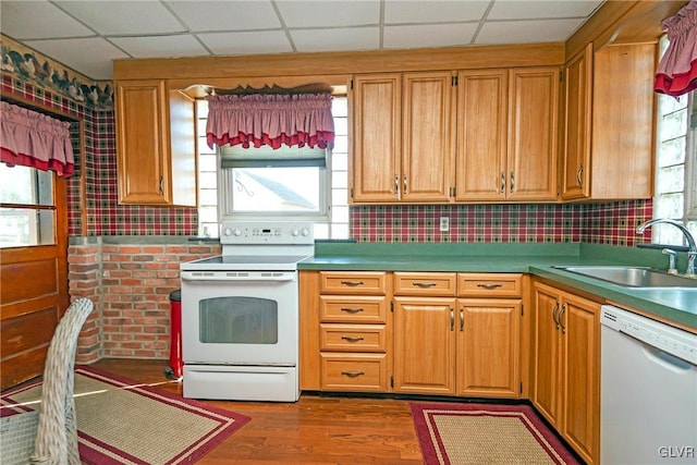 kitchen featuring a drop ceiling, sink, light hardwood / wood-style flooring, backsplash, and white appliances