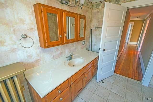 bathroom with wood-type flooring, vanity, and tasteful backsplash