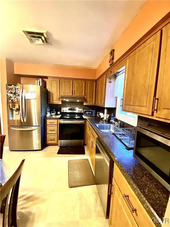 kitchen with stainless steel appliances, dark stone counters, and sink