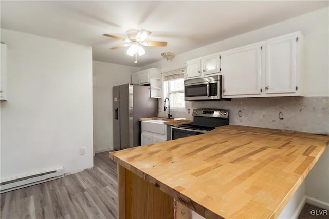 kitchen with light wood-type flooring, white cabinetry, kitchen peninsula, and appliances with stainless steel finishes