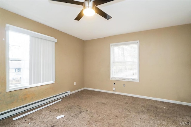 unfurnished room featuring carpet floors, a baseboard radiator, and ceiling fan