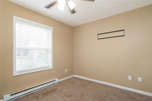 carpeted empty room with ceiling fan and a baseboard radiator