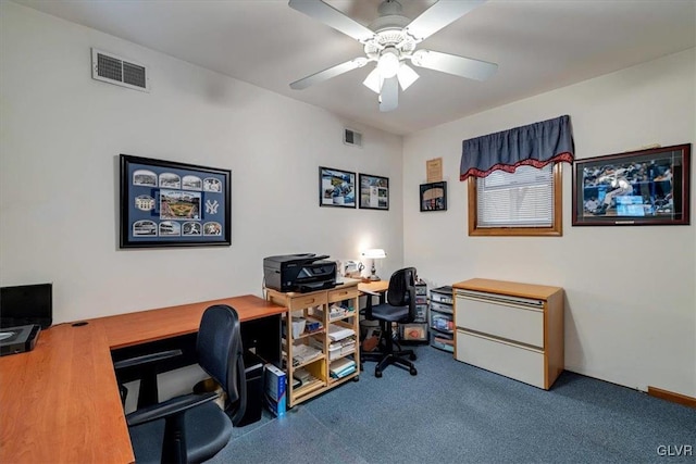 office area featuring carpet flooring and ceiling fan