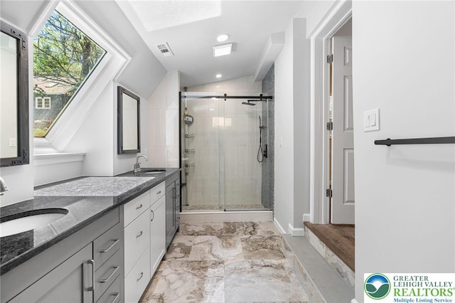 410 Sunset Forest Dr, Pike, PA 18428 - full bath featuring a shower stall, double vanity, marble finish floors, baseboards, and recessed lighting