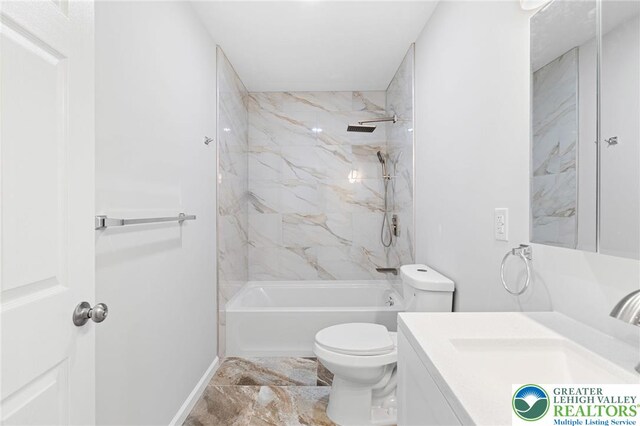 410 Sunset Forest Dr, Pike, PA 18428 - full bathroom with toilet, vanity, shower / washtub combination, marble finish floors, and baseboards