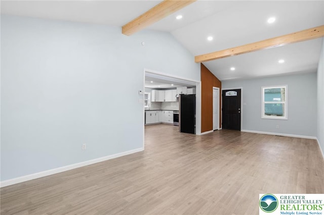 410 Sunset Forest Dr, Pike, PA 18428 - unfurnished living room featuring beam ceiling, recessed lighting, light wood-style flooring, baseboards, and high vaulted ceiling