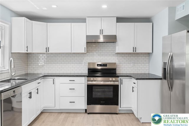 410 Sunset Forest Dr, Pike, PA 18428 - kitchen with appliances with stainless steel finishes, under cabinet range hood, a sink, white cabinets, and recessed lighting