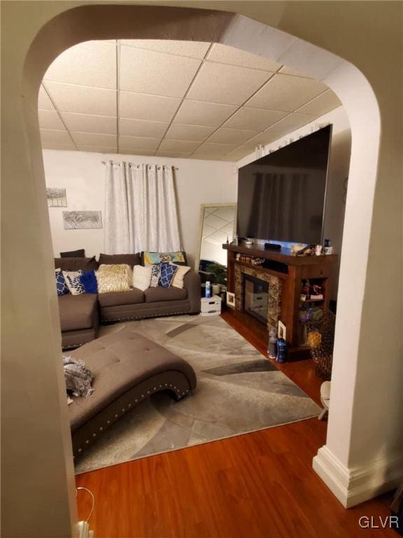 living room with a fireplace and hardwood / wood-style flooring