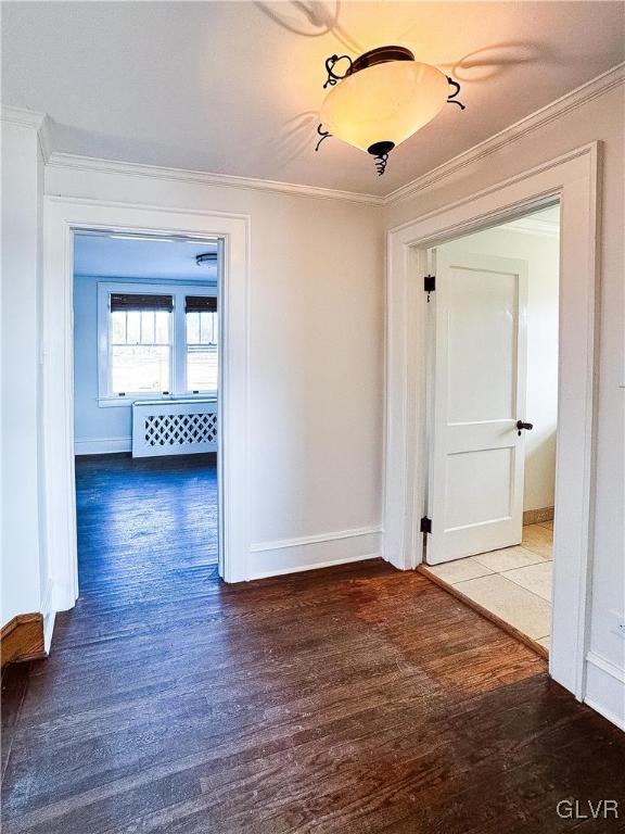 hall featuring wood-type flooring and ornamental molding