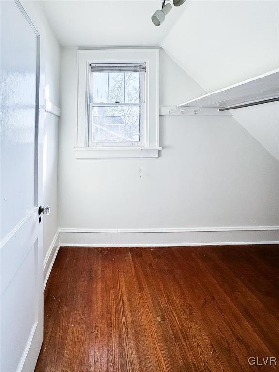 spacious closet with dark hardwood / wood-style flooring and vaulted ceiling