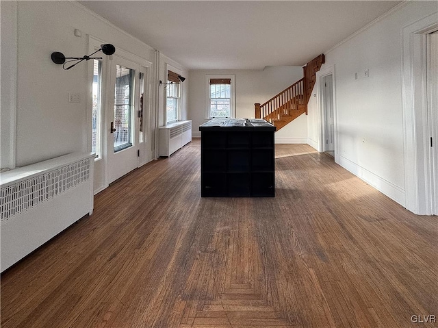 interior space featuring radiator heating unit and dark hardwood / wood-style flooring