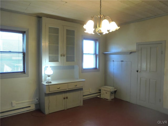 interior space with wooden ceiling, dark wood-type flooring, a chandelier, and a baseboard heating unit