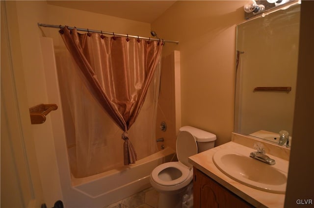 full bathroom with toilet, shower / tub combo with curtain, vanity, and tile patterned flooring