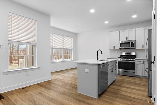 kitchen with sink, stainless steel appliances, light hardwood / wood-style flooring, a kitchen island with sink, and white cabinets