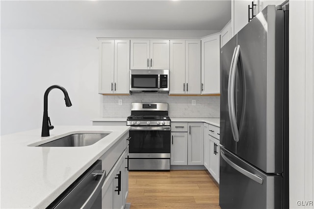 kitchen featuring white cabinets, sink, light wood-type flooring, tasteful backsplash, and stainless steel appliances