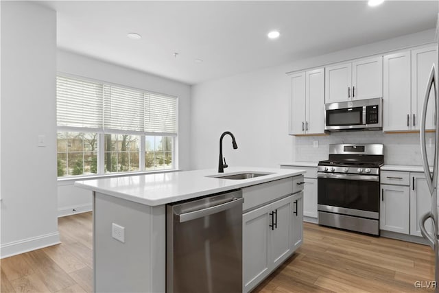 kitchen featuring sink, stainless steel appliances, backsplash, a center island with sink, and light wood-type flooring