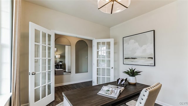 office area featuring dark hardwood / wood-style flooring and french doors