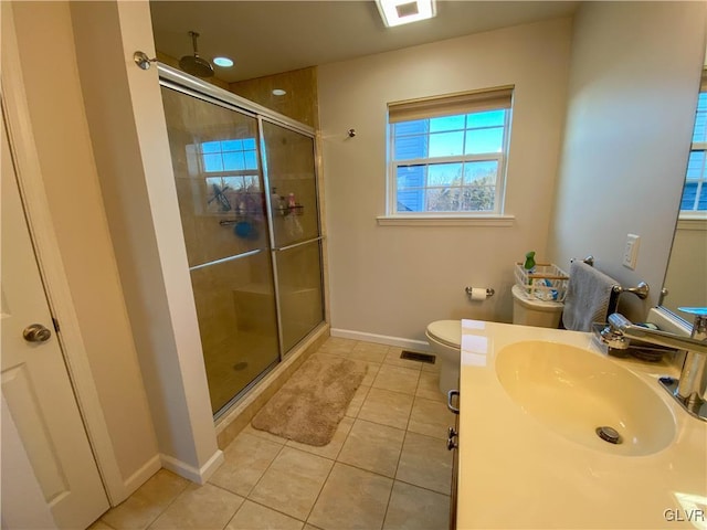 bathroom with tile patterned flooring, visible vents, a stall shower, and toilet