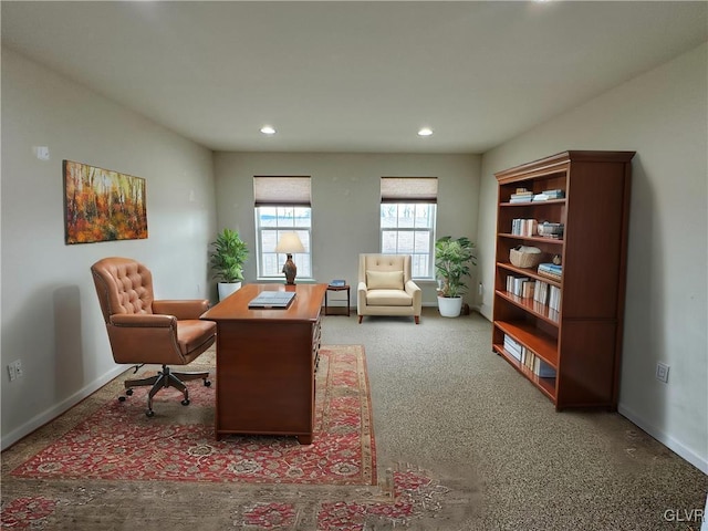 office area featuring recessed lighting and baseboards