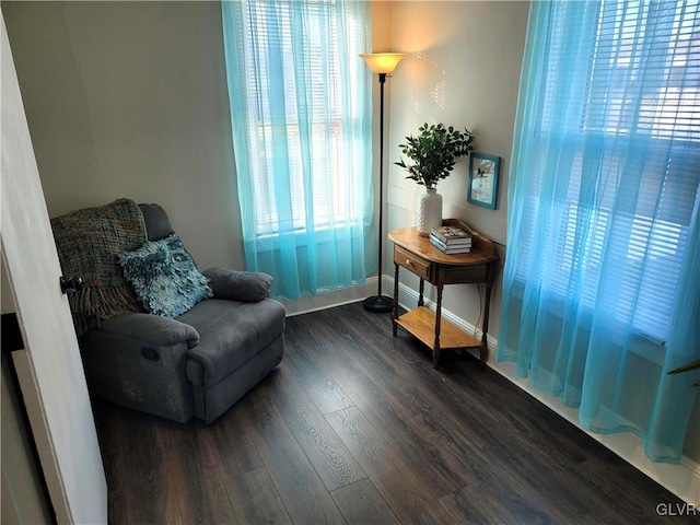 sitting room featuring a healthy amount of sunlight and dark hardwood / wood-style floors