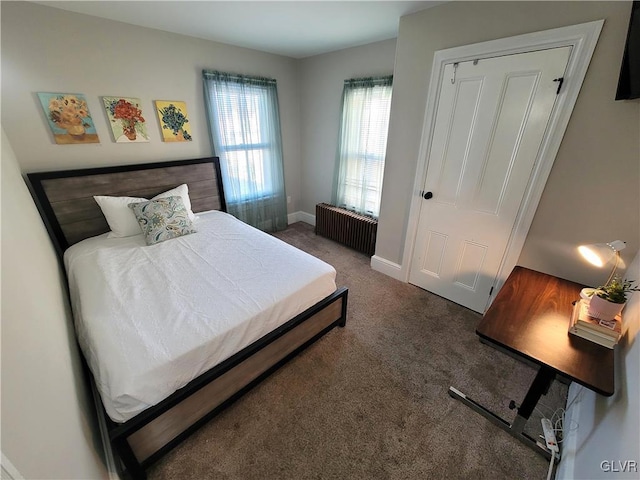 carpeted bedroom with radiator