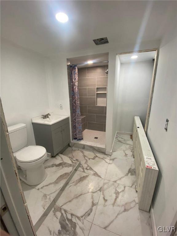 bathroom featuring toilet, vanity, and a shower with shower curtain