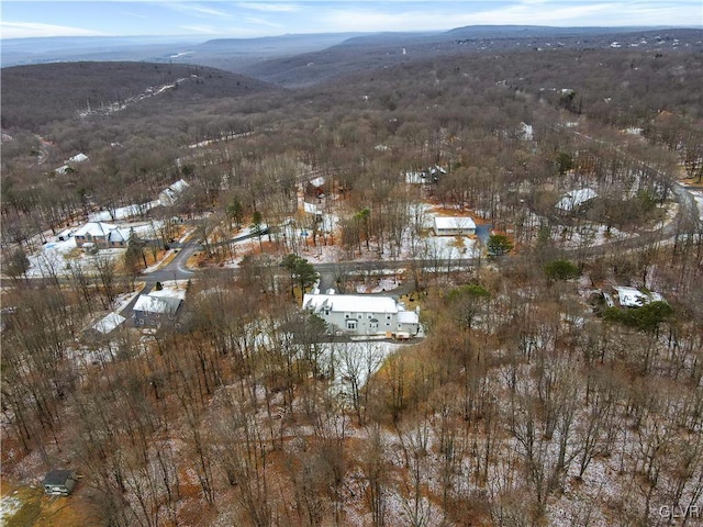 snowy aerial view with a mountain view