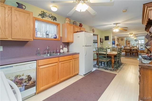 kitchen with light brown cabinets, white appliances, sink, ceiling fan, and light wood-type flooring