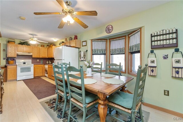 dining room with ceiling fan and light wood-type flooring