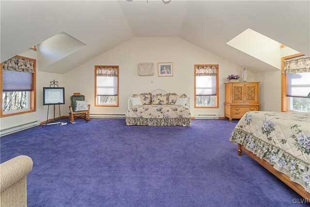 bedroom with a baseboard radiator, dark colored carpet, vaulted ceiling, and a skylight