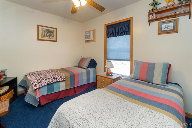 bedroom with a wall mounted air conditioner, carpet floors, and ceiling fan