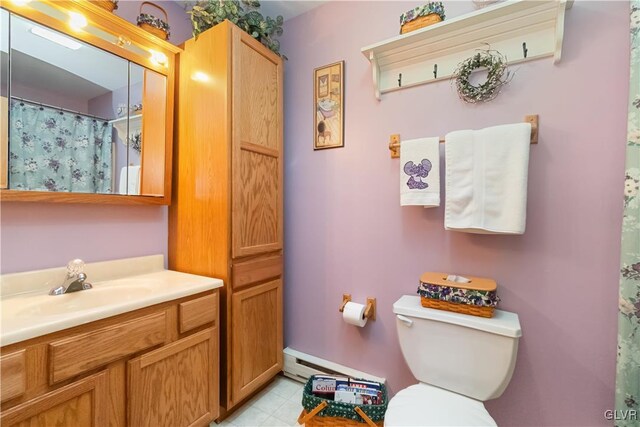 bathroom featuring a baseboard heating unit, toilet, vanity, and curtained shower