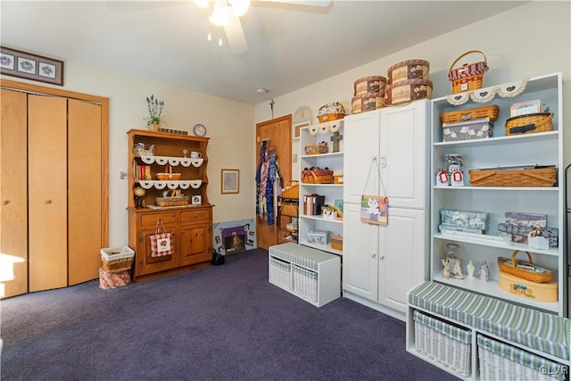 miscellaneous room with ceiling fan and dark carpet