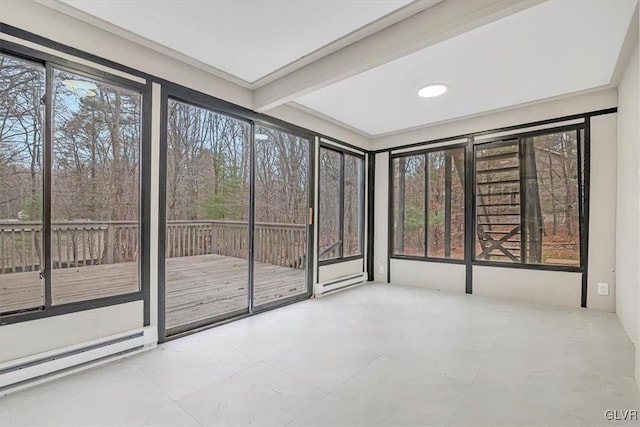 unfurnished sunroom with beam ceiling and a baseboard radiator