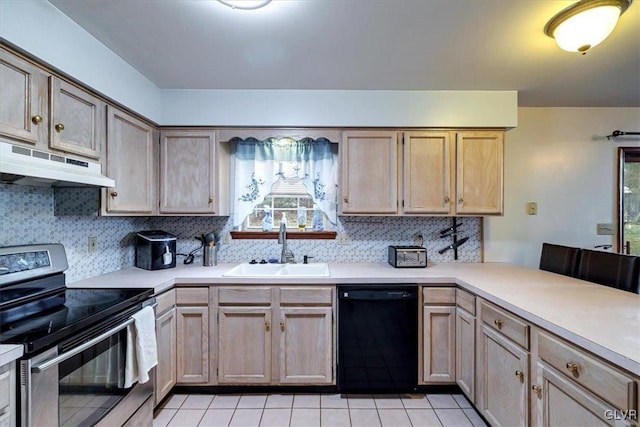 kitchen with stainless steel electric stove, decorative backsplash, sink, and black dishwasher