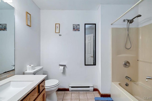 full bathroom featuring bathtub / shower combination, vanity, a baseboard radiator, tile patterned flooring, and toilet