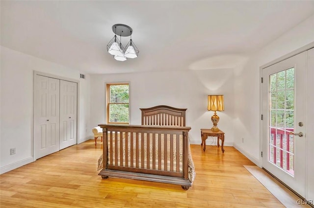 bedroom with a chandelier, light wood-type flooring, access to exterior, and a closet