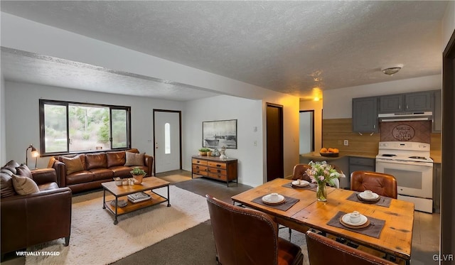 living room with a textured ceiling and light colored carpet