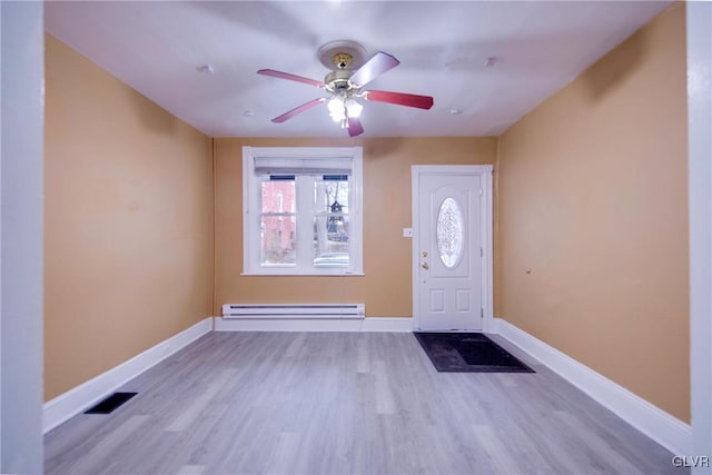 entryway with ceiling fan, light hardwood / wood-style flooring, and a baseboard heating unit