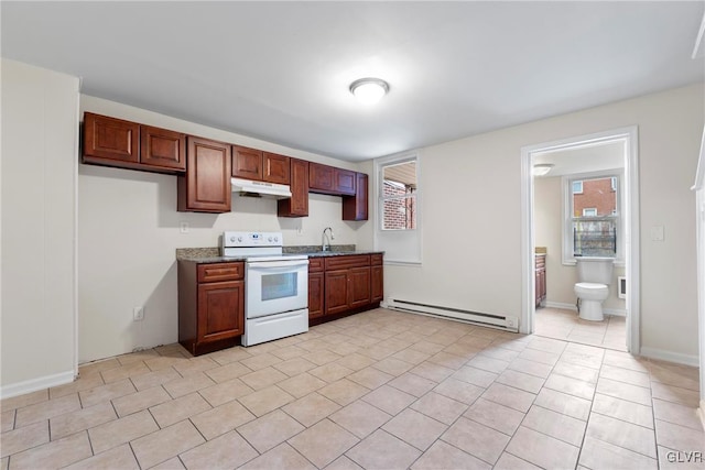 kitchen featuring dark stone counters, white range with electric cooktop, sink, light tile patterned floors, and baseboard heating