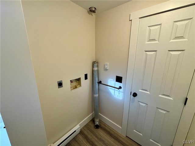 laundry area with washer hookup, electric dryer hookup, dark hardwood / wood-style floors, and a baseboard heating unit