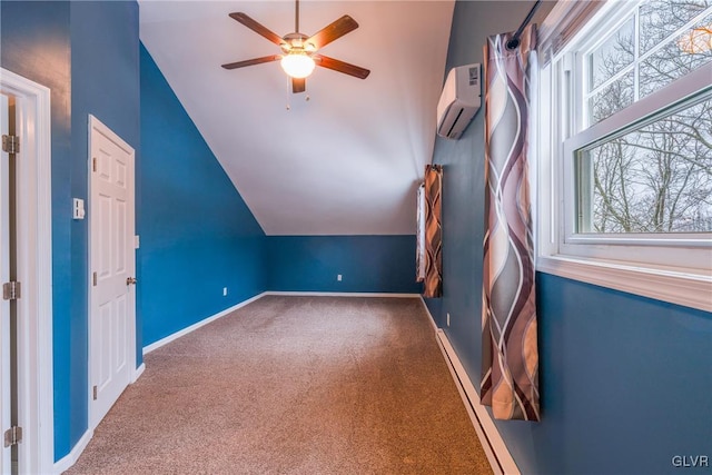 bonus room featuring ceiling fan, carpet floors, a wall mounted AC, and vaulted ceiling