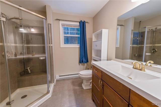 bathroom with vanity, a shower with door, tile patterned flooring, toilet, and a baseboard radiator