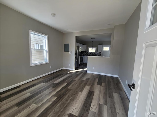 unfurnished living room with electric panel, dark hardwood / wood-style floors, and a healthy amount of sunlight