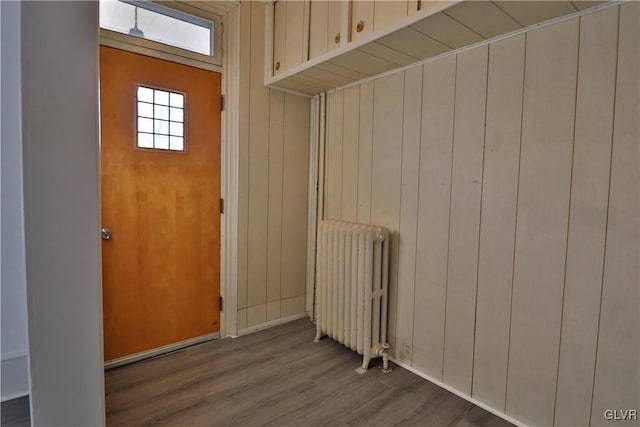 interior space with radiator, wood walls, and hardwood / wood-style flooring