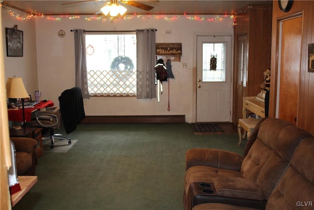 office area featuring carpet floors, plenty of natural light, and ceiling fan