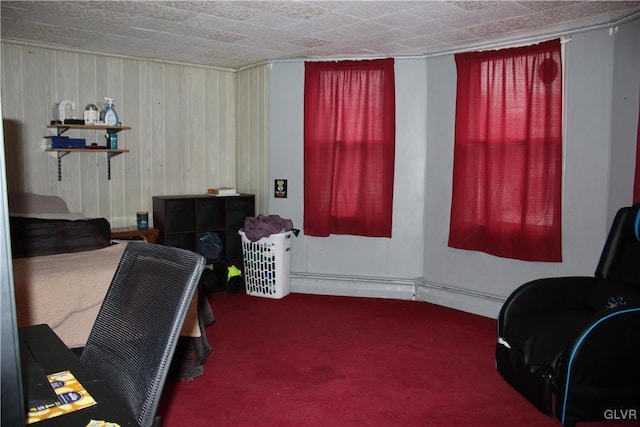 carpeted office featuring wood walls