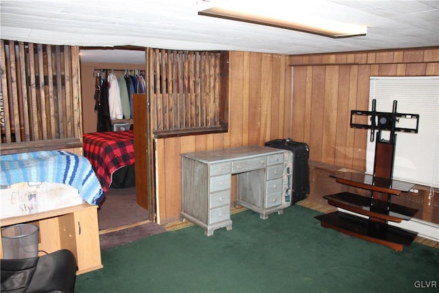 miscellaneous room featuring wood walls and dark colored carpet