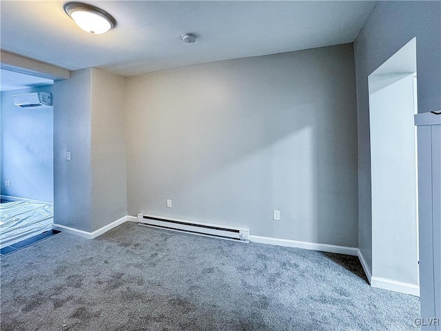 unfurnished room with a wall mounted AC, carpet, and a baseboard radiator