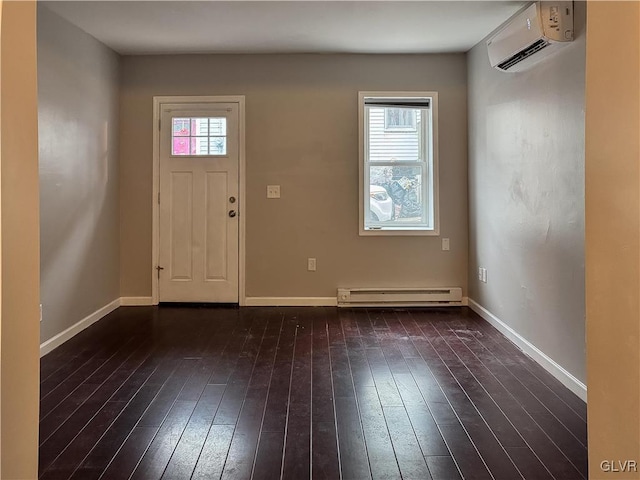 foyer entrance with dark hardwood / wood-style flooring, an AC wall unit, and a baseboard radiator